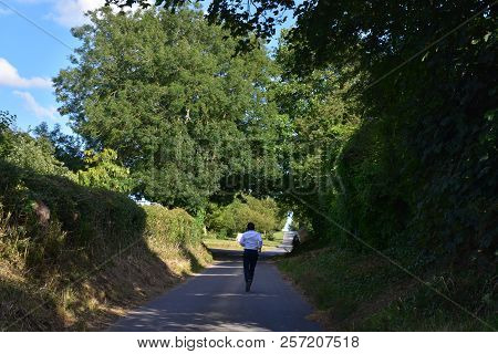 A Man Ran On A Long Road Surrounded By Green Plants, And At The End He Passed A Strong Tree, Blue Sk