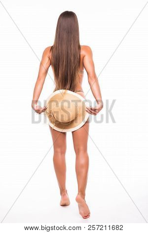 Rear View Back Of Young Beautiful Woman Brunette Isolated On White Background Wearing Summer Beach Hat And Bikini Cover Ass Back Concept Of Travel Holiday Rear View Back Of Young Beautiful Woman Brunette Isolated On White Background Wearing Summer Beach Hat And Bikini Cover Ass Back Concept Of Travel Holiday