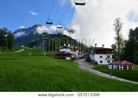 Rosa Khutor, Russia - June 1. 2018. Ski Resort And Hotel Chalet Rose In Summer