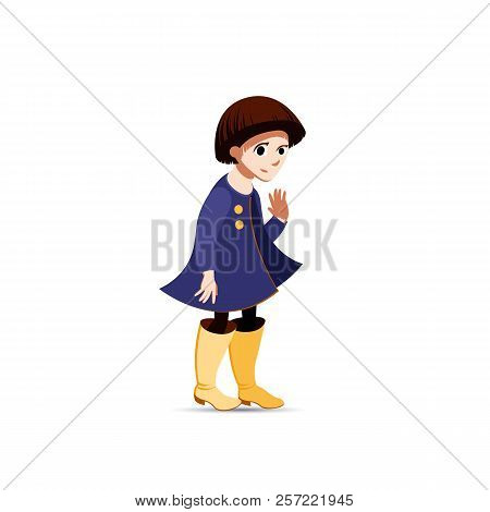 Girl In A Purple Coat And Yellow Boots Standing. Female Brunette Straight Hair Character In Purple C