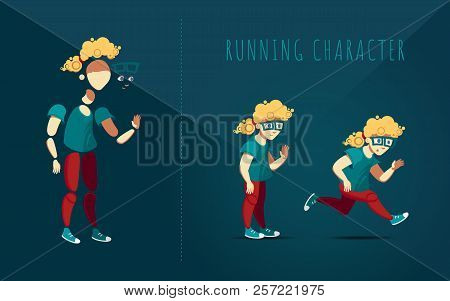 Boy In A Green T-shirt, Sneakers And Glasses Running. Male Blond Curly Hair Character In Red Pants. 