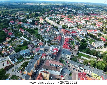 BIALOGARD, POLAND - 17 AUGUST 2018 - Aerial view on Bialogard city center with traditional houses and modern block type houses.