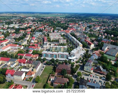BIALOGARD, POLAND - 17 AUGUST 2018 - Aerial view on Bialogard city center with traditional houses and modern block type houses.