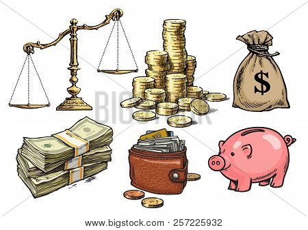 Finance, Money Set. Scales, Stack Of Coins, Sack Of Dollars, Paper Money, Wallet, Piggy Bank. Hand D