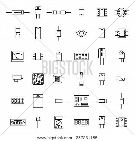 Set Of Various Electronic And Radio Components Of The Thin Lines, Isolated On White Background. Flat