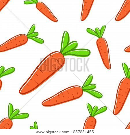 Vector Seamless Pattern With Cartoon Orange Carrots.