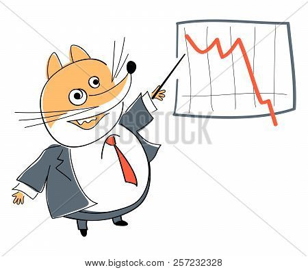Funny Fox Points To Business Graphic With Stick. Business Coach. Mascot. Cartoon Character.