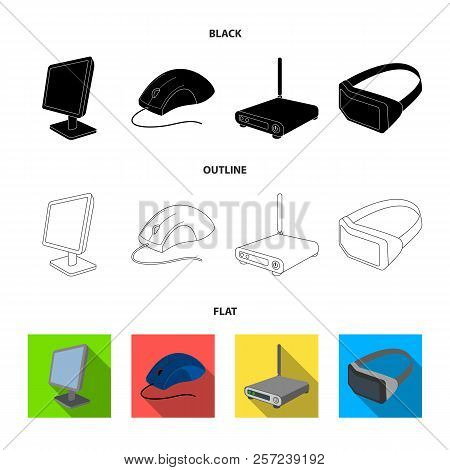 Monitor, Mouse And Other Equipment. Personal Computer Set Collection Icons In Black, Flat, Outline
