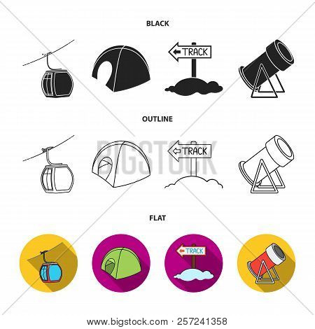 Funicular, Tent, Road Sign, Snow Cannon. Ski Resort Set Collection Icons In Cartoon Style Vector Sym
