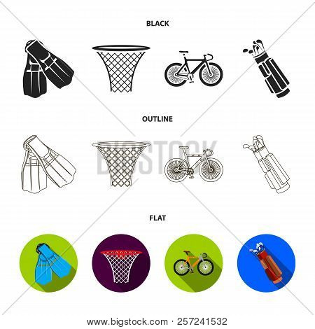 Flippers For Swimming, Basketball Basket, Net, Racing Holograph, Golf Bag. Sport Set Collection Icon