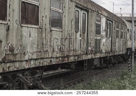 Sibiu, Romania - July 30, 2018: Old Abandoned Train Waggons At Sibiu Railway Station