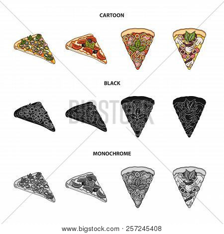 A Slice Of Pizza With Different Ingredients. Different Pizza Set Collection Icons In Cartoon, Black,