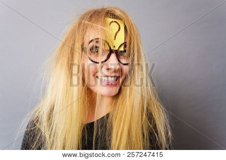 Mental Effort, Finding Problem Solution Face Expression Concept. Tired Crazy Woman Wearing Nerd Geek