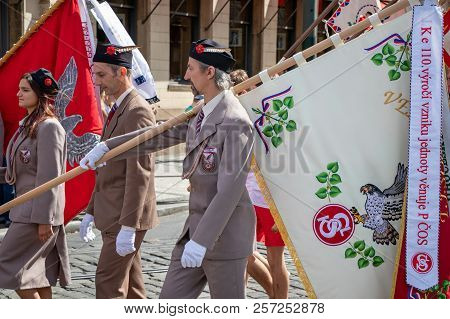 Prague, Czech Republic - July 1, 2018: People Parading At Sokolsky Slet, A Once-every-six-years Gath