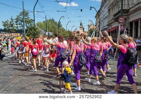 Prague, Czech Republic - July 1, 2018: People Parading At Sokolsky Slet, A Once-every-six-years Gath
