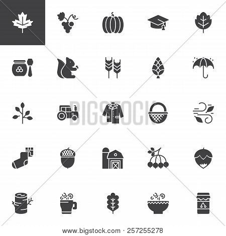 Autumn Elements Vector Icons Set, Modern Solid Symbol Collection, Filled Style Pictogram Pack. Signs