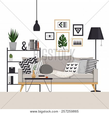 Gray Sofa With A Coffee Table And Rack With A Floor Lamp In Scandinavian Style. With Pictures, Plant