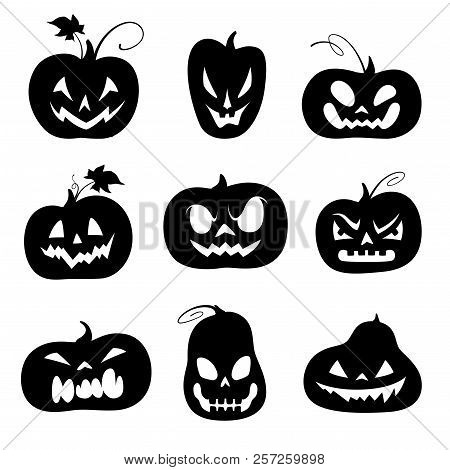 Set Of Black Silhouettes Of Carved Pumpkins For Halloween. Vector Illustration