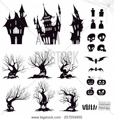 Set Of Silhouettes For Halloween Gloomy House, Sinister Trees, Fences, Graves, Skulls, Pumpkins And 