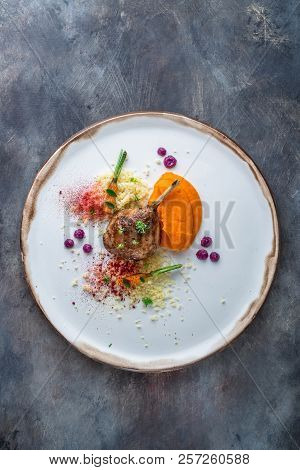 Duck Leg Confit With Batat Puree, Carrots And Couscous, Restaurant Meal, Copy Space
