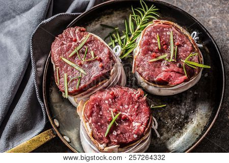 Beef Tenderloin Steak Wrapped In Bacon Stored Into The Pan