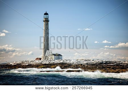 Vignetted Image Of Boon Island Lighthouse At Low Tide In Maine On A Summer Day. It Is The Tallest Li