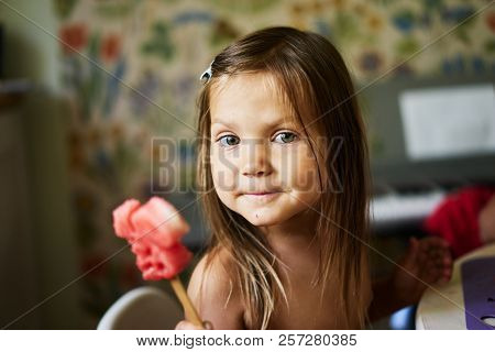 Little Girl Eating Tasty Watermelon Pink Smiling Squirrel Ice Cream Eyes Stick