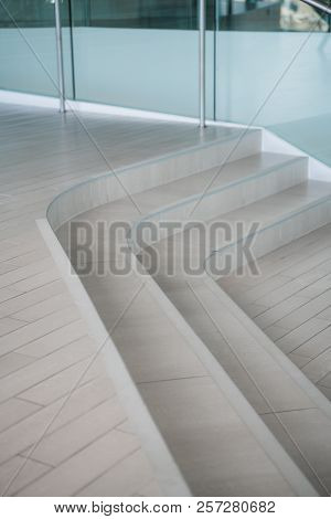 Curvilinear Stairs. Top View Of Modern Architecture Detail. Refined Fragment Of Contemporary Office 