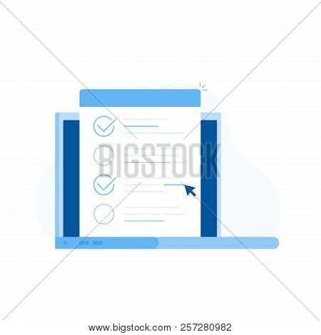 Online Exam, Checklist In Screen Laptop , Taking Test, Choosing Answer, Questionnaire Form. Modern V