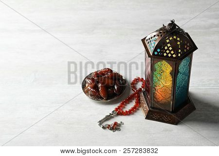 Muslim Lamp, Dates And Misbaha On Light Background. Fanous As Ramadan Symbol
