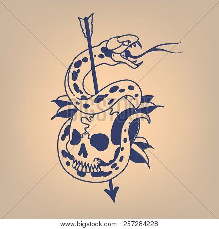 Snake On A Skull Pierced With An Arrow. Traditional Tattoo.