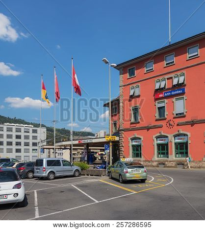 Arth, Switzerland - July 19, 2018: Buildings Of The Town Of Arth As Seen From Bahnhofstrasse Street.