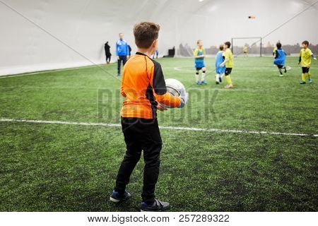 Boy goalkeeper going to put the ball into play, rear side view.