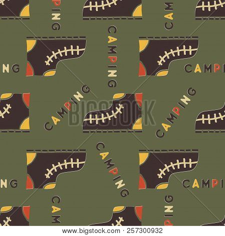 Camping Boot Seamless Pattern. Mixed Flat With Disstressed Style. Simple Hiking Equipment Design. St