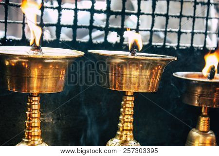 Kathmandu Nepal September 1, 2018 Closeup Of Candles Burning Front A Temple At Durbar Square In Kath