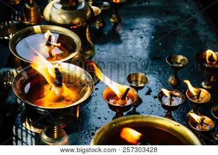 Kathmandu Nepal September 1, 2018 Closeup Of Candles Burning Front A Temple At Durbar Square In Kath