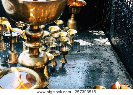 Kathmandu Nepal September 1, 2018 Closeup Of Candles Burning Front A Temple At Durbar Square In Kath