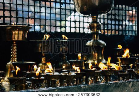 Kathmandu Nepal September 1, 2018 Closeup Of Candles Burning Front A Temple At Durbar Square In Kath