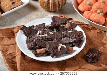 Gourmet Dark Chocolate Bark With Cranberries, Sunflower Seeds And Almonds