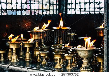 Kathmandu Nepal September 1, 2018 Closeup Of Candles Burning Front A Temple At Durbar Square In Kath