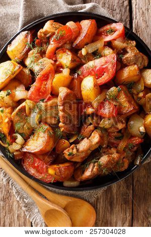 Georgian Traditional Recipe Ojahuri With Pork And Potatoes Close-up. Vertical Top View
