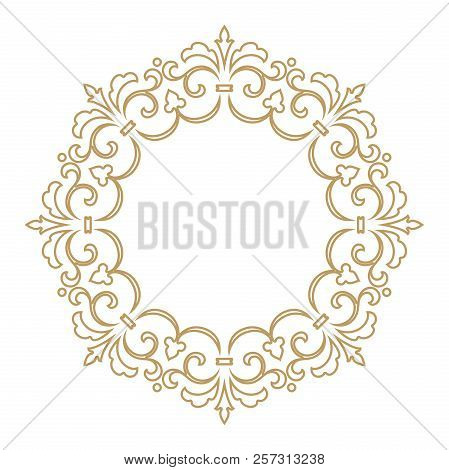 Vintage Round Frame In Retro Style, Barroco. Flower Decorative Gold Ornament, Element For Greeting C
