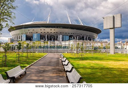 Saint Petersburg, Russia - August 8, 2018: Saint Petersburg Arena Football Stadium On Krestovsky Isl
