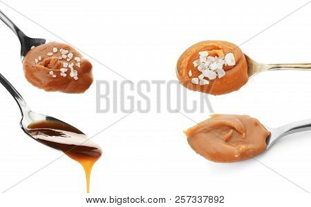 Set With Delicious Caramel On White Background
