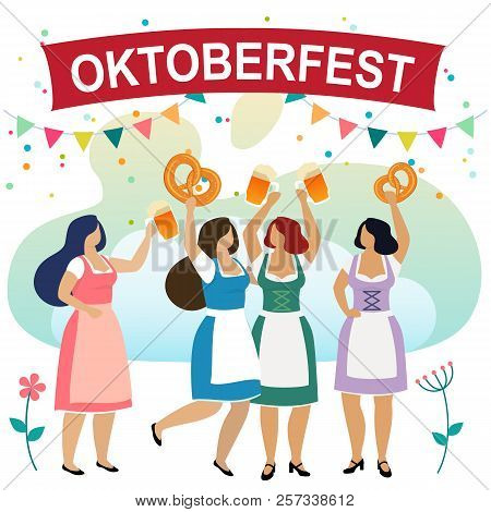 Women In Traditional Bavarian Clothes Celebrate Beer Festival Oktoberfest. Girls Friends In Dindl Ha