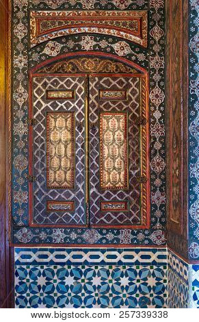 Cairo, Egypt - August 26 2018: Embedded Vintage Cupboard Painted With Colorful Floral Patterns At Sy