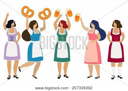Women In Traditional Bavarian Dindl With Beer In Pretzels Celebrate Beer Festival Oktoberfest. Vecto