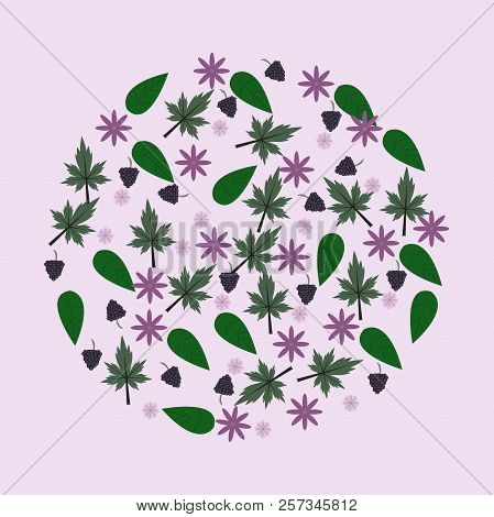 Round Leaves Berries Flowers Pattern In Circle Shape