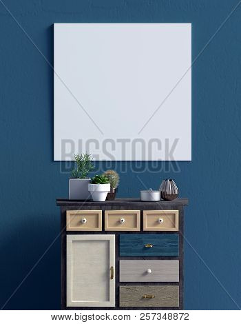 Modern Interior With Dresser. Posterl Mock Up. 3d Illustration.