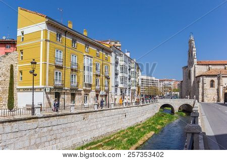 Burgos, Spain - April 24, 2018: Canal And Colorful Buildings In Burgos, Spain